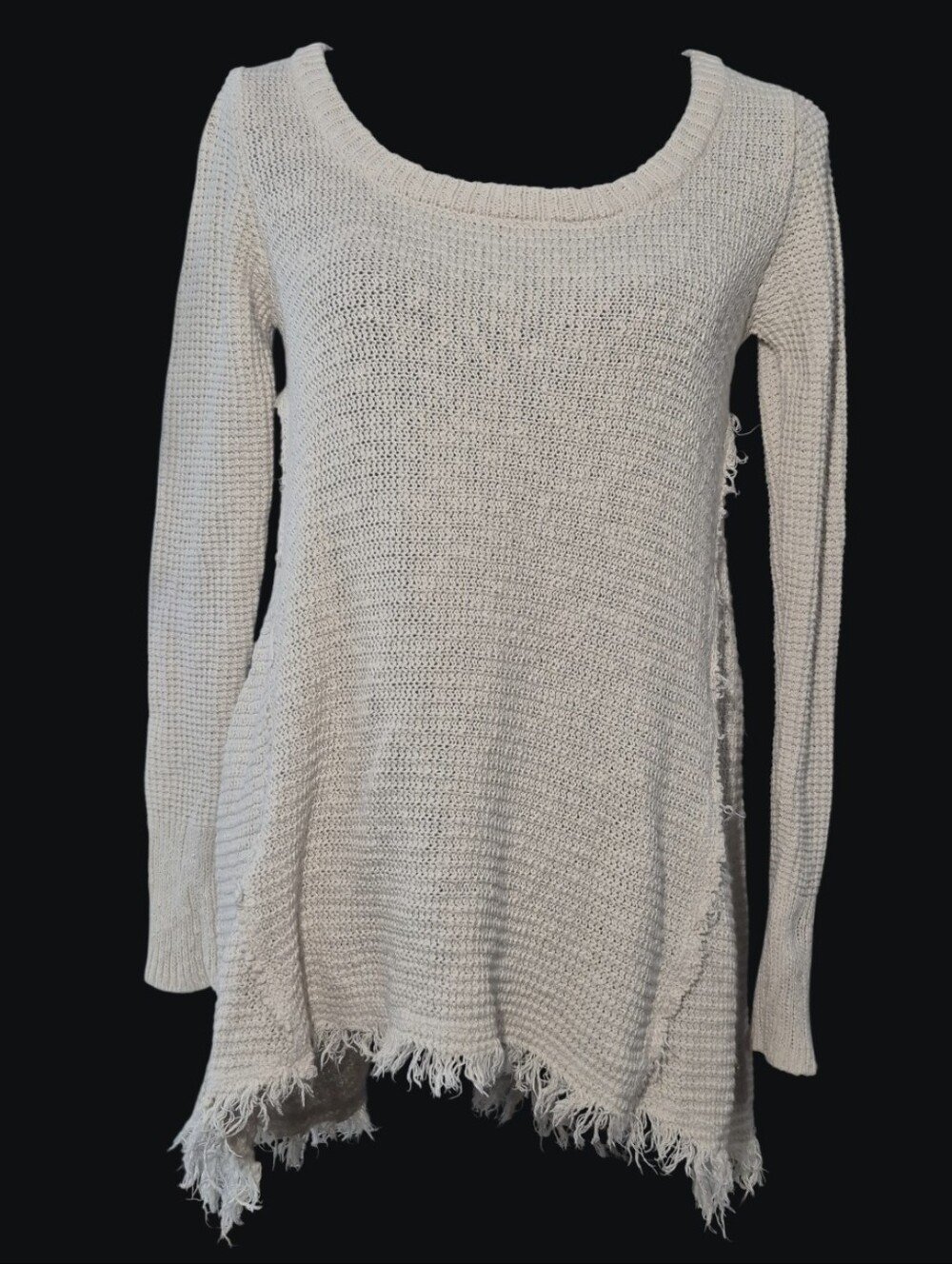 Ruby Moon Womens Beige Raw Fringe Hem Open Knit Sweater 100% Cotton- Size S